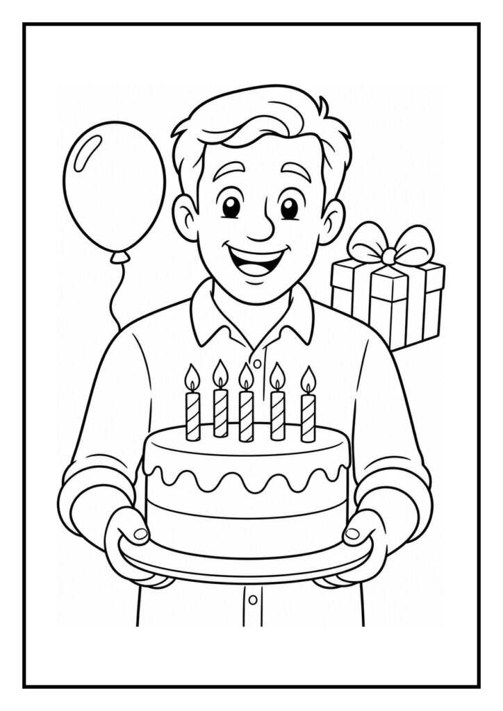 Kleurplaat van een lachende man die een verjaardagstaart met vijf kaarsen vasthoudt, met een ballon en een cadeau op de achtergrond.
