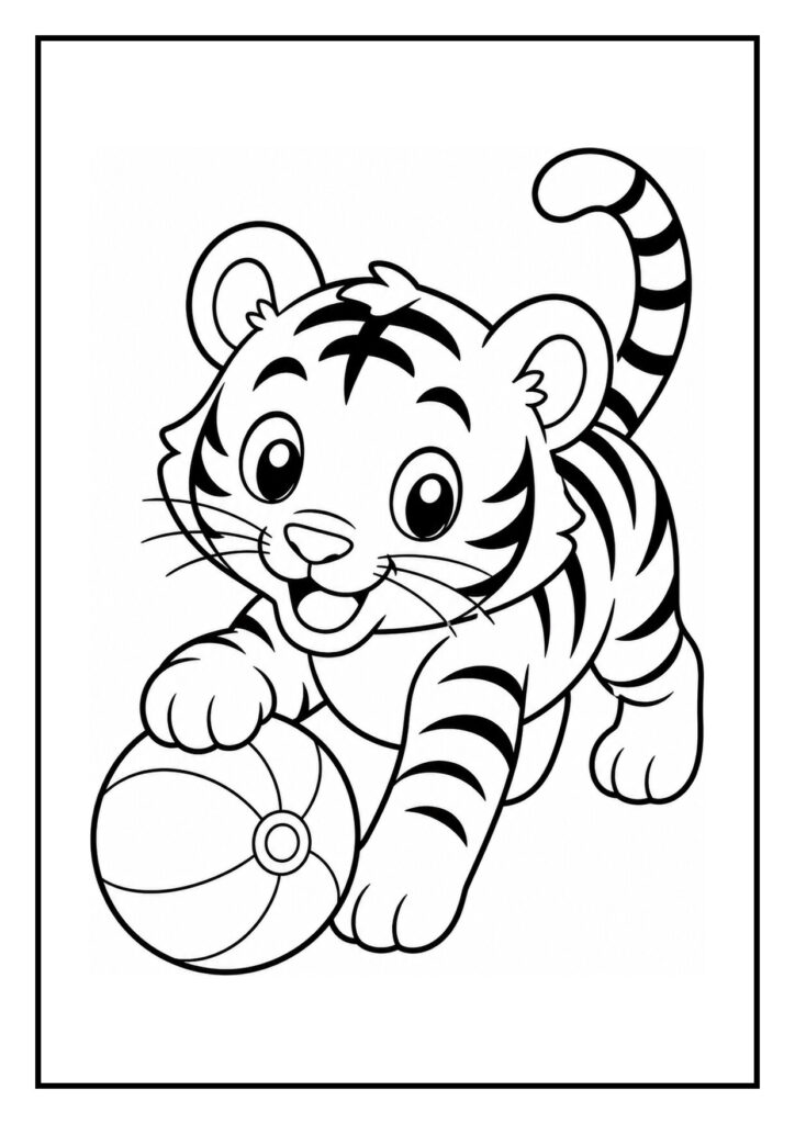 Kleurplaat van een speelse tijger die met zijn snuit een grote ballon kust