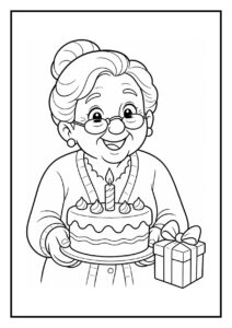 Kleurplaat van een lachende oudere vrouw met een verjaardagstaart met kaars en een cadeau in haar handen.