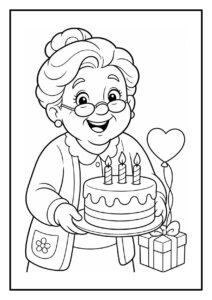 Kleurplaat van een lachende oudere vrouw die een verjaardagstaart met drie kaarsen vasthoudt naast een cadeau en een hartvormige ballon.