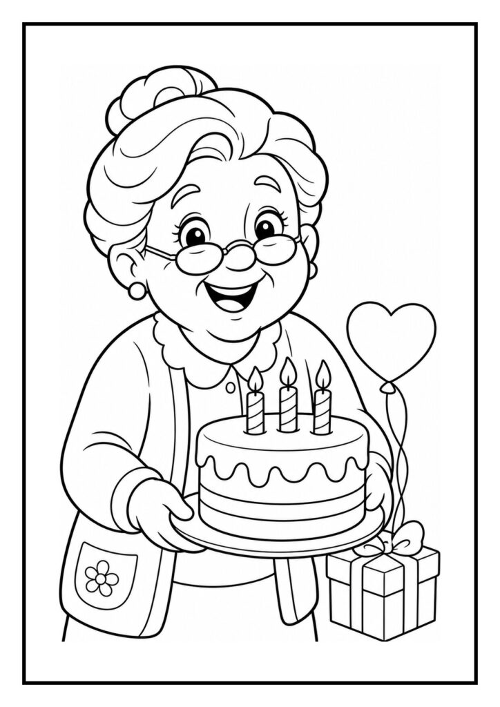 Kleurplaat van een lachende oudere vrouw die een verjaardagstaart met drie kaarsen vasthoudt naast een cadeau en een hartvormige ballon.