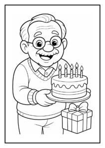 Oude man die kaarsjes uitblaast op verjaardagstaart met cadeau in de hand, vrolijke feestelijke kleurplaat.
