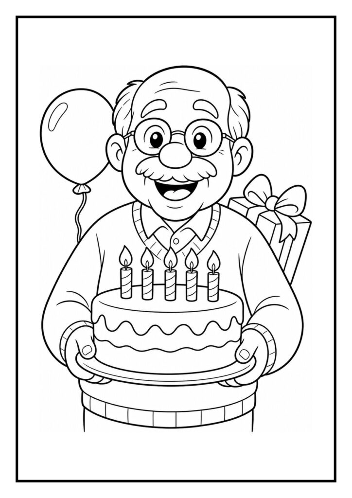 Kleurplaat van een vrolijke oude man die een taart met vijf kaarsen vasthoudt met een ballon en cadeau op de achtergrond.