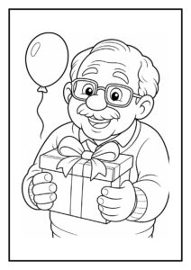Kleurplaat van een vrolijke oude man die een verjaardagstaart aansnijdt met een cadeau en ballon op de achtergrond