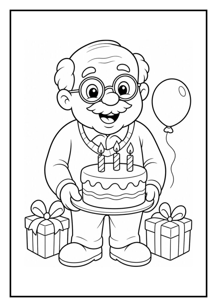 Kleurplaat van een blije oude man die ballonnen krijgt overhandigd bij zijn verjaardagstaart met kaarsjes en cadeaus.