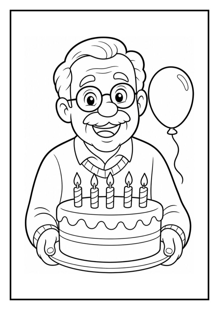 Kleurplaat van een oude man met een verjaardags taart met vijf kaarsjes en een ballon.
