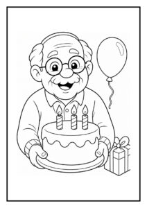 Kleurplaat van een oude man die een verjaardagstaart met drie kaarsjes vasthoudt, met een ballon en cadeau op de achtergrond.