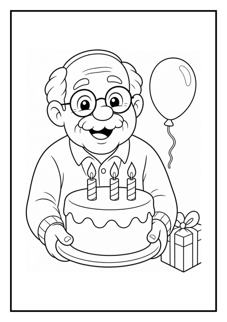 Kleurplaat van een oude man die een verjaardagstaart met drie kaarsjes vasthoudt, met een ballon en cadeau op de achtergrond.