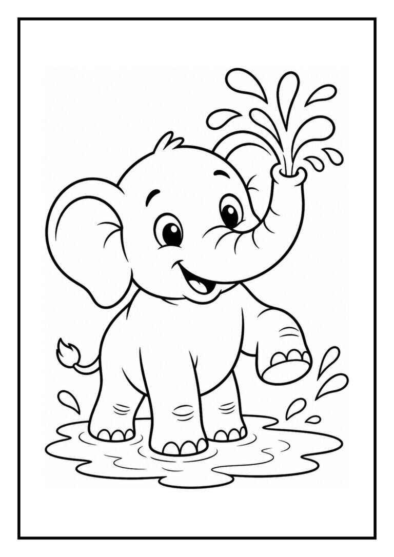 Leuke kleurplaat van een vrolijke baby olifant die water spuit met zijn slurf in een modderbad.