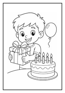 Kleurplaat van een vrolijke jongen die een cadeau vasthoudt naast een verjaardagstaart met kaarsjes en een ballon.