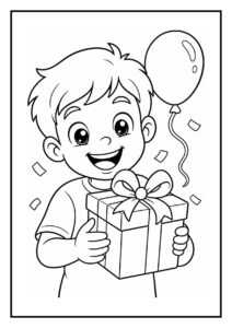 Kleurplaat van een lachende jongen die een cadeau vasthoudt met een ballon en confetti op de achtergrond.