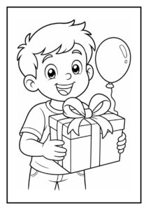 Een lachende jongen die confetti omhoog blaast, met een cadeau en een ballon in zijn handen.