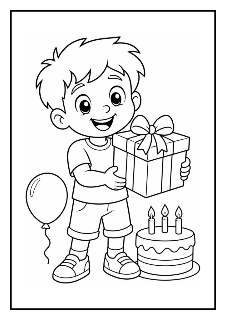 Kleurplaat van een lachende jongen met een cadeau, ballon en een verjaardagstaart met kaarsjes.