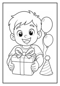 Kleurplaat van een vrolijk jongetje dat een cadeau vasthoudt met ballonnen en een feesthoed op de achtergrond
