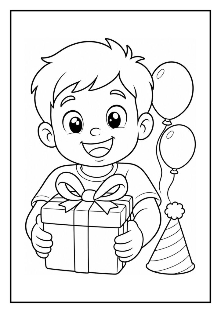 Kleurplaat van een vrolijk jongetje dat een cadeau vasthoudt met ballonnen en een feesthoed op de achtergrond