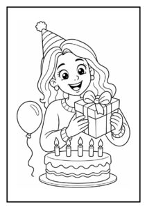 Kleurplaat van een meisje met een feesthoed die blij een cadeau vasthoudt bij een verjaardagstaart met kaarsjes en een ballon.