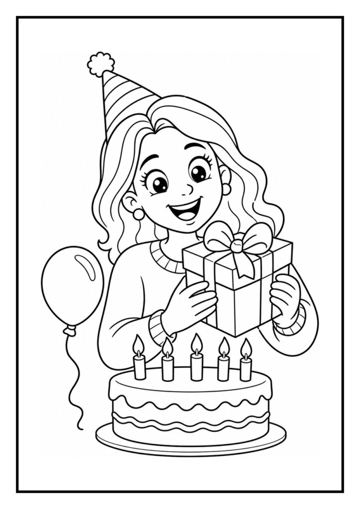 Kleurplaat van een meisje met een feesthoed die blij een cadeau vasthoudt bij een verjaardagstaart met kaarsjes en een ballon.
