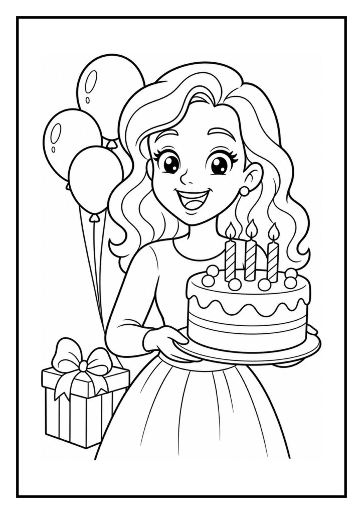 Een kleurplaat van een meisje dat blij een verjaardagstaart met kaarsjes vasthoudt, met ballonnen en een cadeau op de achtergrond.