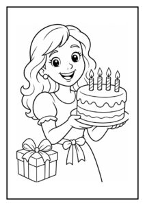 Kleurplaat van een meisje dat blij een verjaardagstaart met vier kaarsjes vasthoudt en een cadeau met strik naast zich heeft.