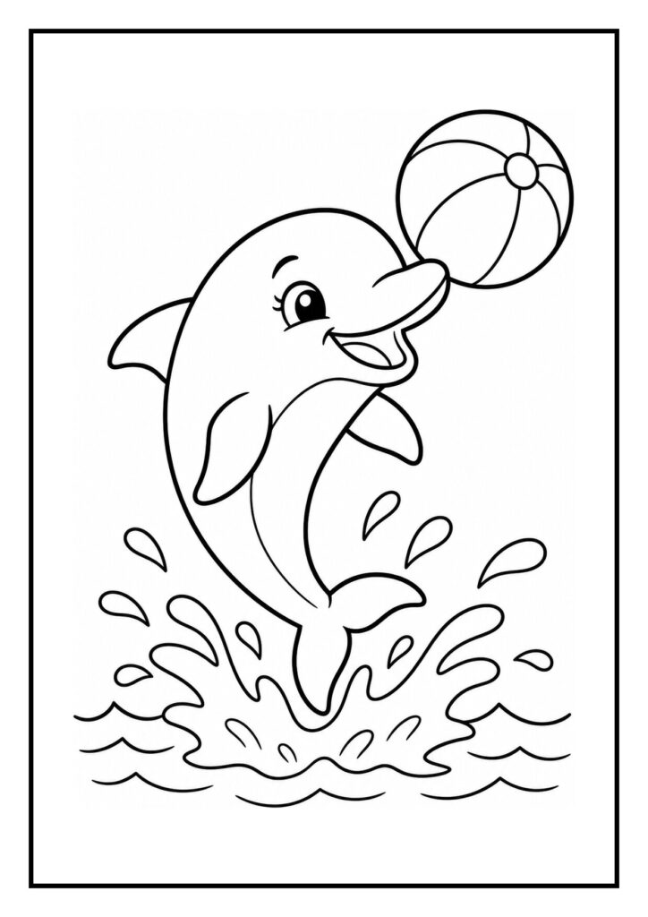 Kleurplaat van een vrolijke dolfijn die met een bal speelt en een waterboog spuit in het water