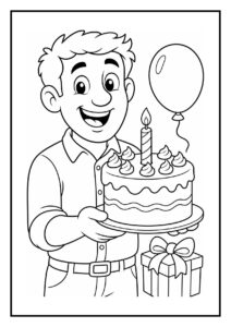 Man die een verjaardagstaart vasthoudt met een ballon en een cadeau ernaast