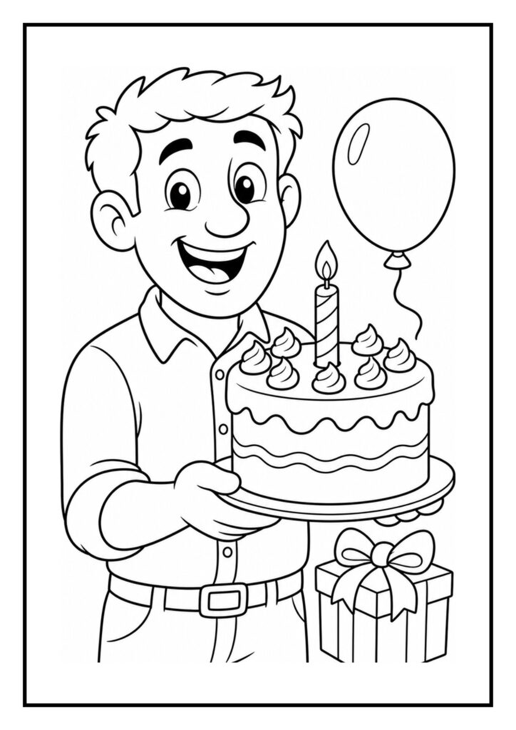 Man die een verjaardagstaart vasthoudt met een ballon en een cadeau ernaast