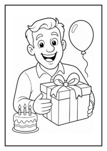 Kleurplaat van een lachende man met een verjaardagscadeau, een taart met drie kaarsjes en een ballon