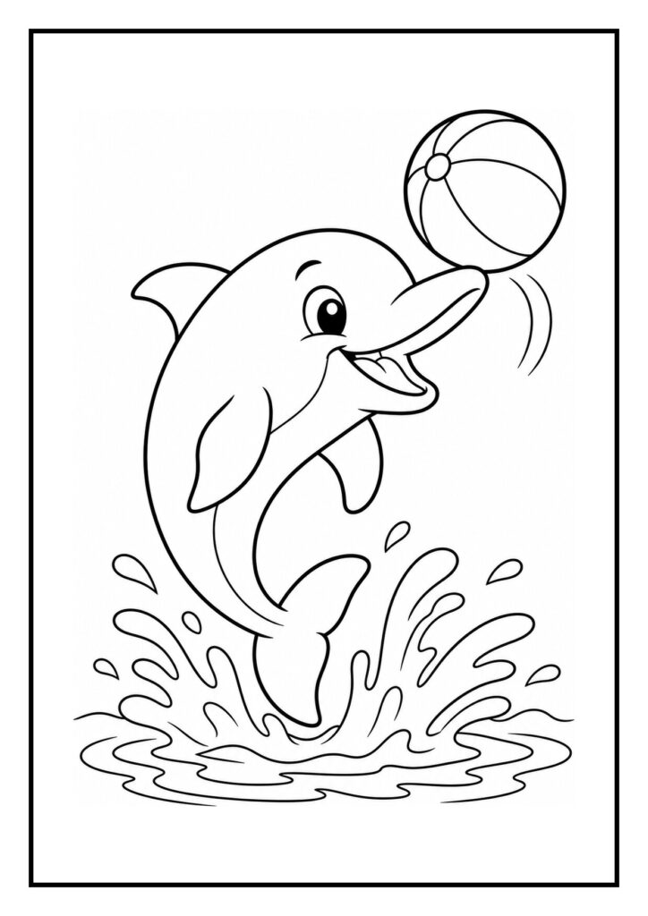 Kleurplaat van een vrolijke dolfijn die een grote splash maakt naast een schelp in het water