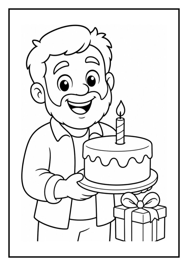 Kleurplaat van een man die blij een verjaardagstaart met een brandende kaars vasthoudt, naast een cadeau met strik op een feestelijke tafel