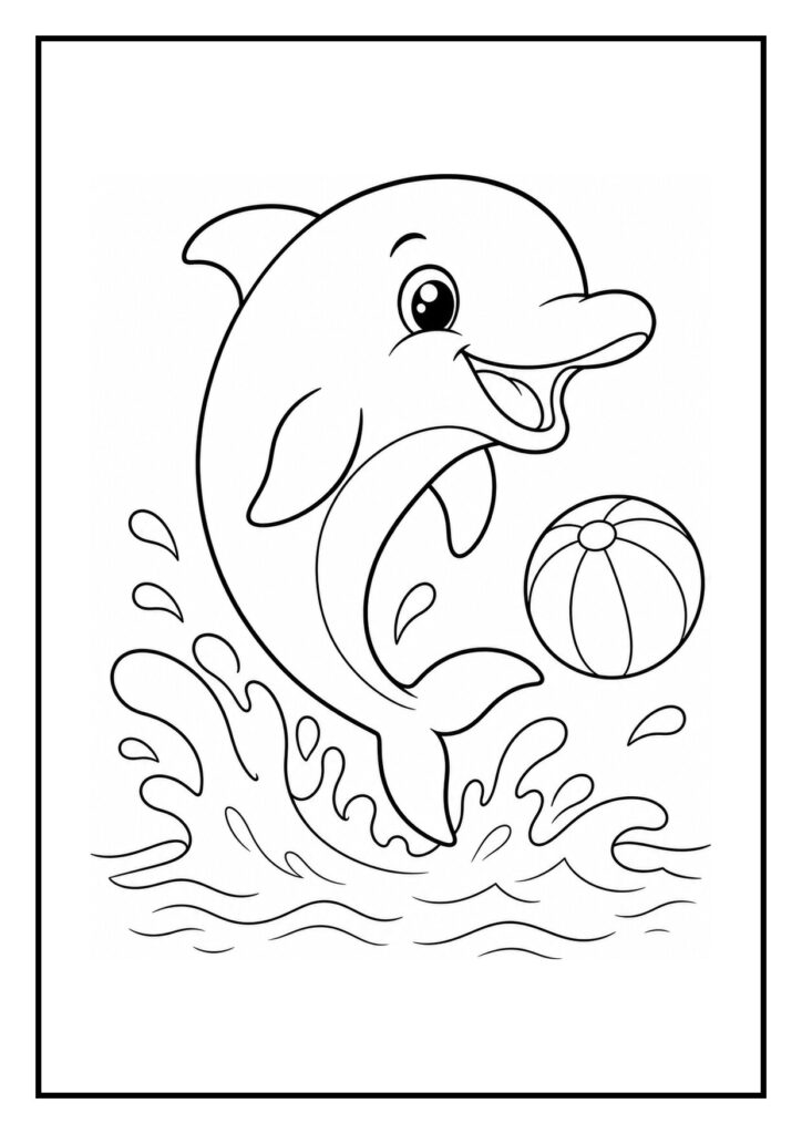 Kleurplaat van een speelse dolfijn die een bubbelpad volgt en speelt met een bal in het water