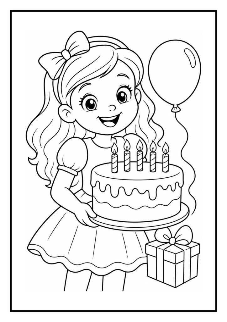 Leuke kleurplaat van een meisje met een verjaardagstaart en een cadeau met een ballon op de achtergrond