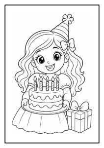 Vrolijk meisje met verjaardagsmuts dat een taart met vijf kaarsjes vasthoudt en naast haar een cadeau en ballonnen heeft