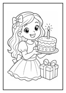 Vrolijke tekening van een meisje met een verjaardagstaart en een ingepakt cadeau