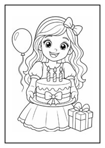 Kleurplaat van een meisje dat een verjaardagstaart met drie kaarsjes vasthoudt, met een ballon en een cadeau erbij.