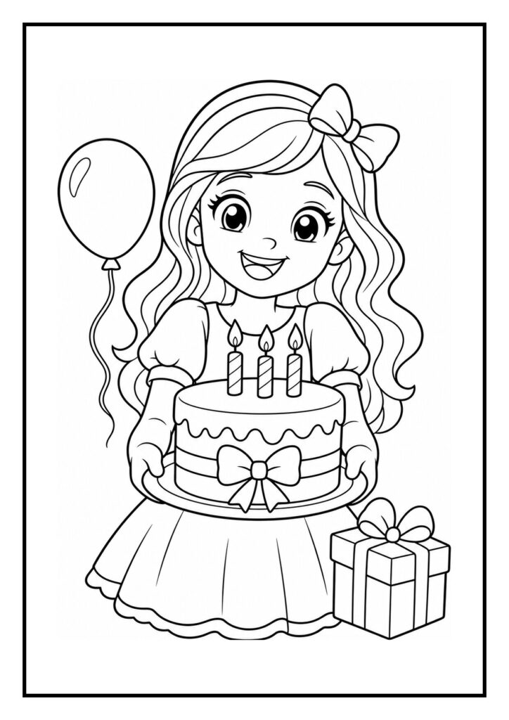 Kleurplaat van een meisje dat een verjaardagstaart met drie kaarsjes vasthoudt, met een ballon en een cadeau erbij.