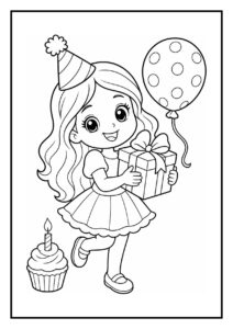 Kleurplaat van een vrolijk meisje met een feesthoedje, een cadeau en een ballon naast een cupcake met kaarsje