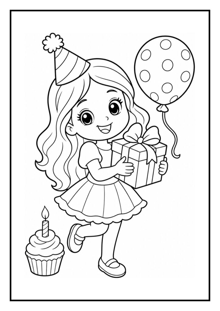 Kleurplaat van een vrolijk meisje met een feesthoedje, een cadeau en een ballon naast een cupcake met kaarsje