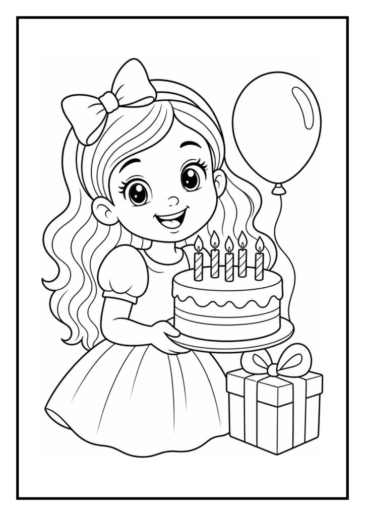 Kleurplaat van een meisje met een verjaardagstaart met vijf kaarsjes, een cadeau en een ballon