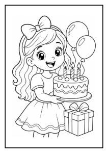 Kleurplaat van een vrolijk meisje dat een verjaardagstaart met kaarsjes en ballonnen vasthoudt, met een cadeau ernaast