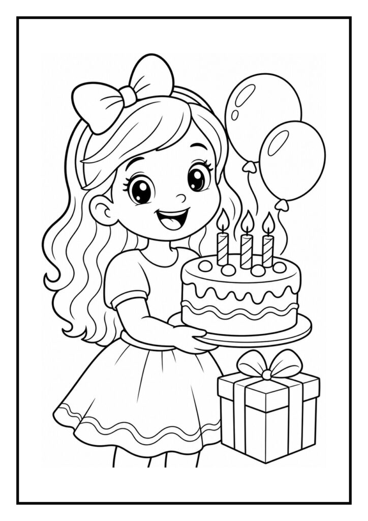 Kleurplaat van een vrolijk meisje dat een verjaardagstaart met kaarsjes en ballonnen vasthoudt, met een cadeau ernaast
