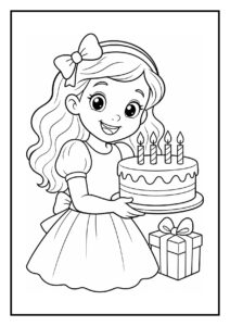 Een vrolijk meisje met een verjaardagstaart en een cadeau op een kleurplaat tijdens een picknickverjaardag