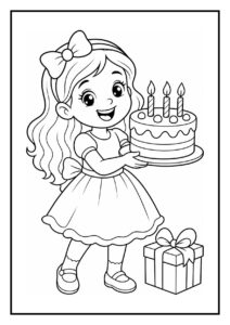 Kleurplaat van een vrolijk meisje met een verjaardagstaart en een cadeau in een feestelijke sfeer.