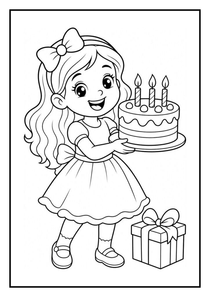 Kleurplaat van een vrolijk meisje met een verjaardagstaart en een cadeau in een feestelijke sfeer.