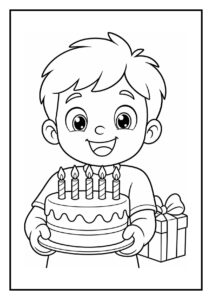 Een blij jongetje houdt een verjaardagstaart met vijf kaarsjes en een cadeau vast op een feestelijke kleurplaat.