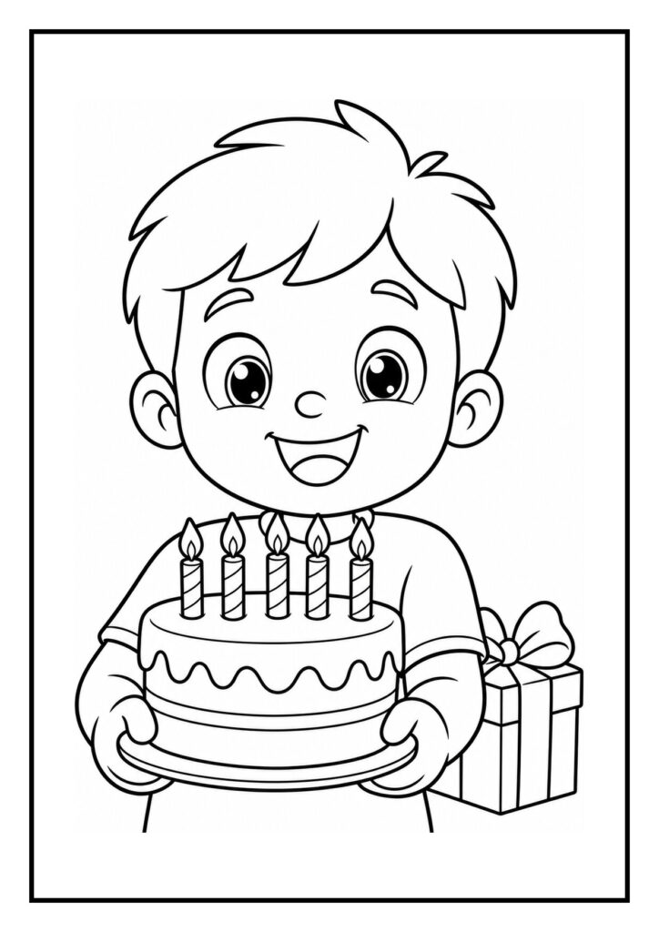 Een blij jongetje houdt een verjaardagstaart met vijf kaarsjes en een cadeau vast op een feestelijke kleurplaat.