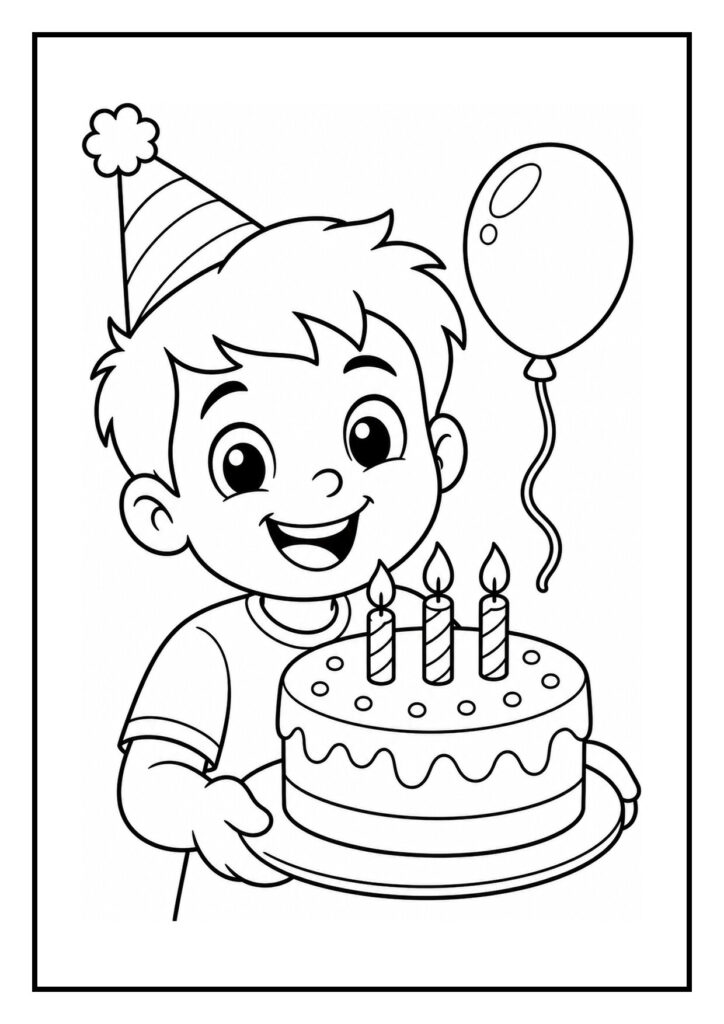 Kleurplaat van een jongen met een verjaardagstaart met drie kaarsjes en een ballon in een feestelijke sfeer