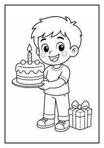 Kleurplaat van een jongen die een verjaardagstaart met een kaars vasthoudt naast een cadeau.