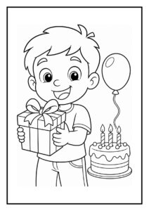 Kleurplaat van een blij jongetje met een cadeau, verjaardagstaart en ballon die samen de kaarsjes uitblaast.