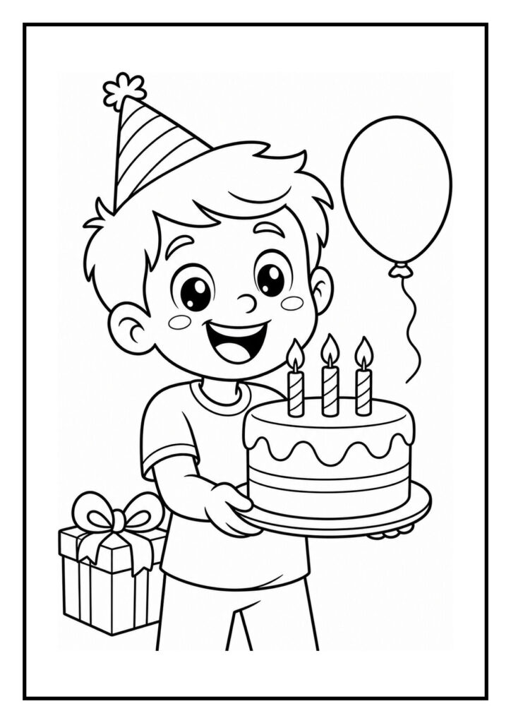 Kleurplaat van een vrolijke jongen met een feestmuts die een verjaardagstaart vasthoudt met brandende kaarsjes en een ballon en cadeau op de achtergrond.