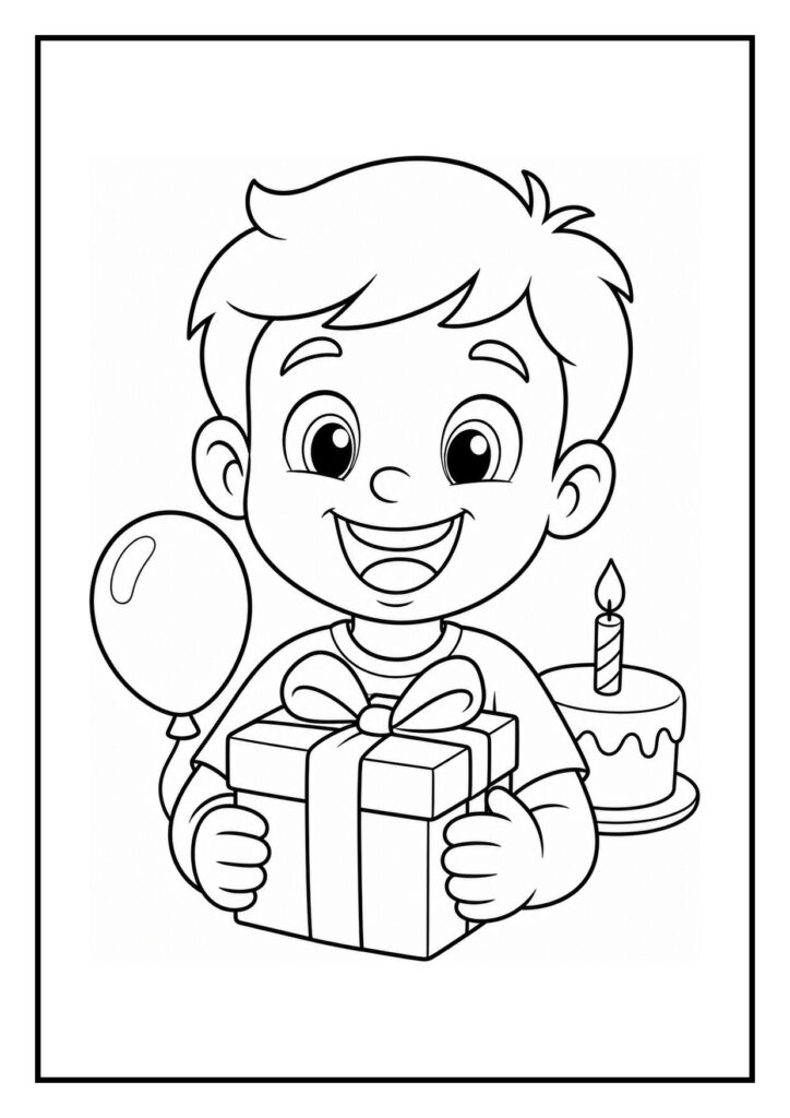 Kleurplaat van een vrolijk jongetje dat een cadeau vasthoudt met een ballon en een verjaardagstaart met een kaarsje op de achtergrond